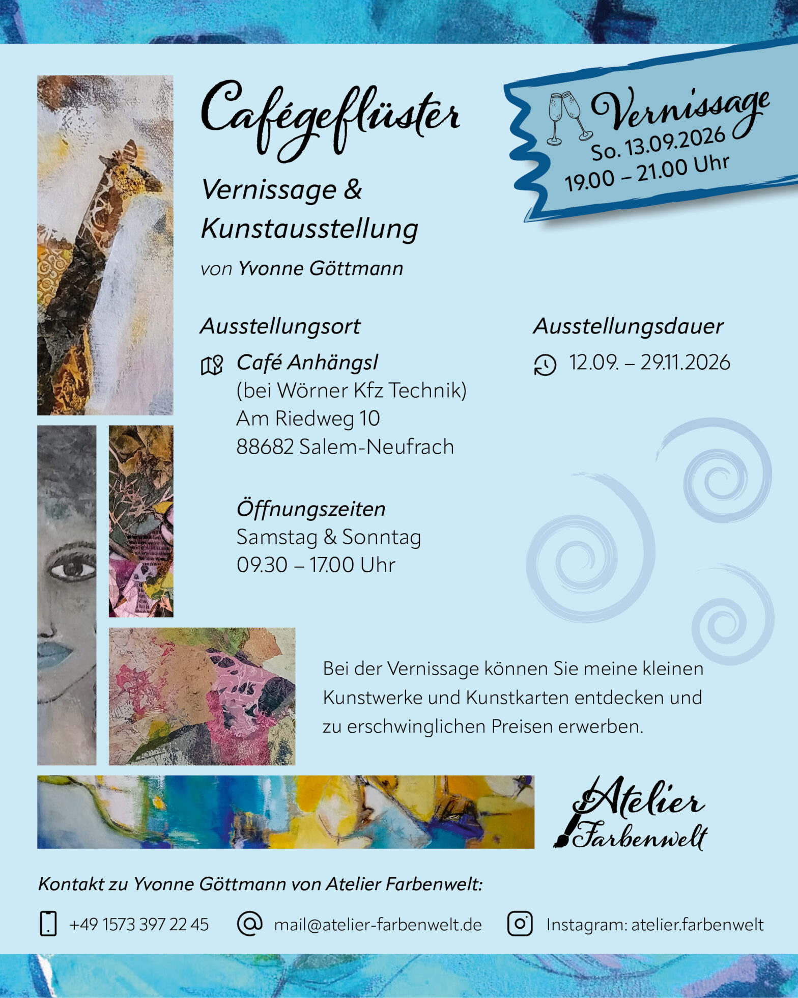 Flyer zur Ausstellung ‚Cafégeflüster‘ von Yvonne Göttmann im Café Anhängsl in Salem-Neufrach